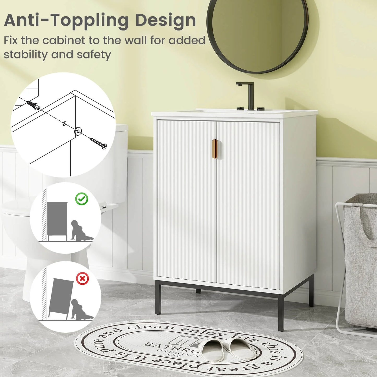 Costway Bathroom Vanity with Sink Combo 24 Inch Freestanding Bathroom Sink Cabinet White