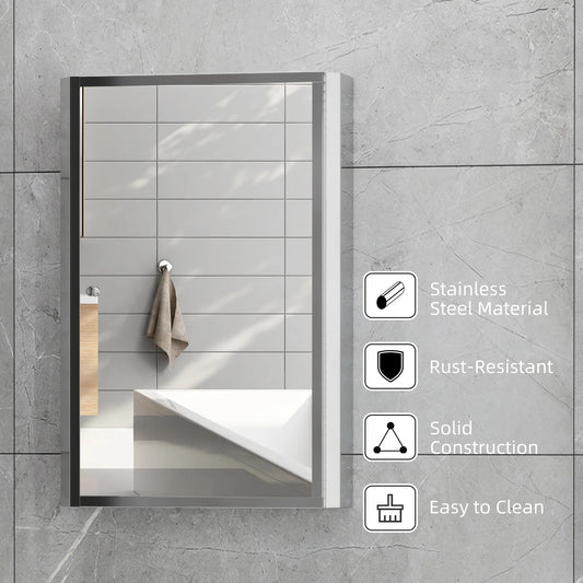 Bathroom Mirrored Cabinet, Vertical 16" x 24" Stainless Steel Frame Medicine Cabinet, Wall-Mounted Storage Organizer with Single Door