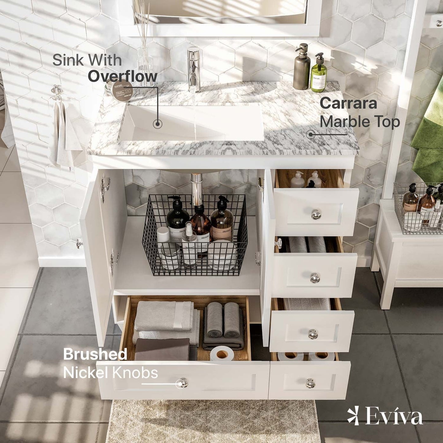 Eviva Happy 30" W x 18" D x 34" H White Bathroom Vanity with White Carrara Marble Counter-Top