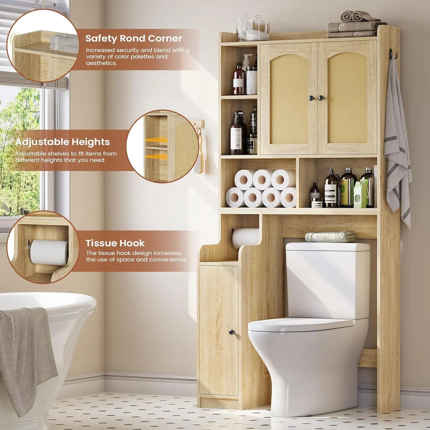 Over The Toilet Storage Cabinet with 3 Doors, Farmhouse Space Saver for Bathroom Organizer with Paper Holder, 10 Shelves and Hooks, 7-Tier Over Washing Machine Cabinet for Laundry, Bathroom, Natural