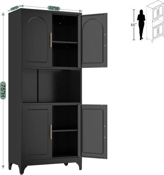 75" Metal Kitchen Pantry Storage Cabinet,Kitchen Hutch Food Pantry Cabinet with Microwave Stand,Freestanding Larder Cupboard with Doors and Adjustable Shelves for Bathroom, Living Room