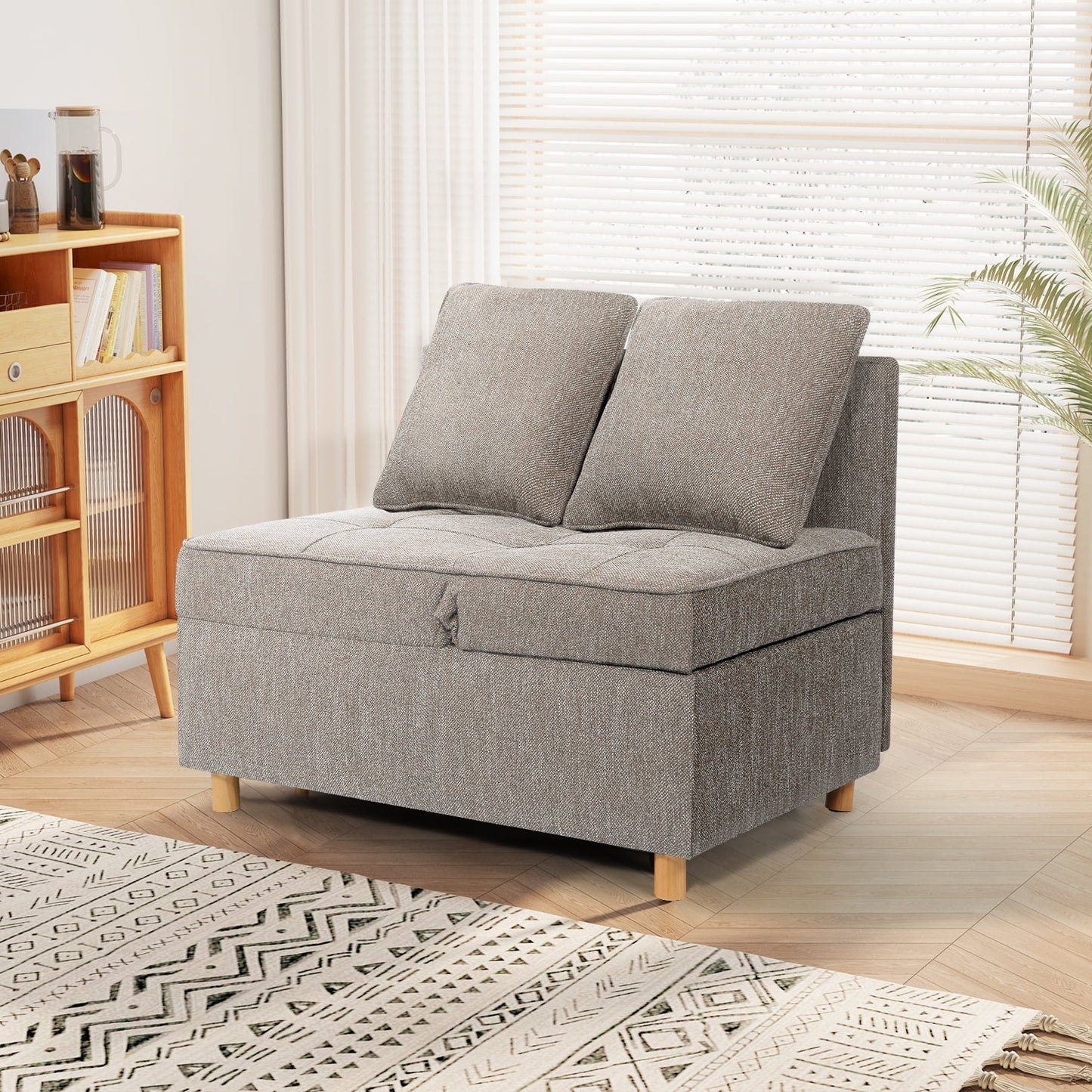 SEJOV 4-in-1 Convertible Sleeper Chair Bed, Linen Sofa Bed for Small Space, Futon Sofa with 2 Throw Pillows for Living Room, Single Recliner with 5 Adjustable Backrest for Bedroom Apartment, Brown