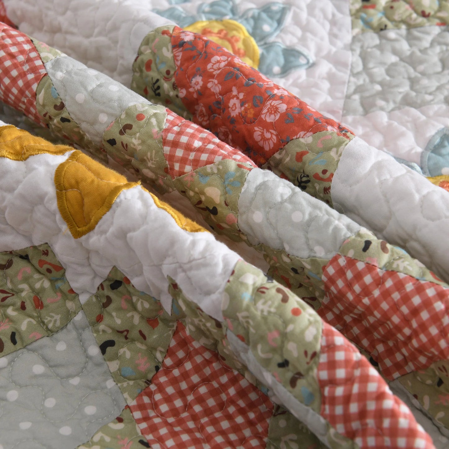 3 Pcs 100% Cotton Sunflower Pattern Patchwork Quilt Bedspread Set|Farmhouse Bedding Set for All Seasons