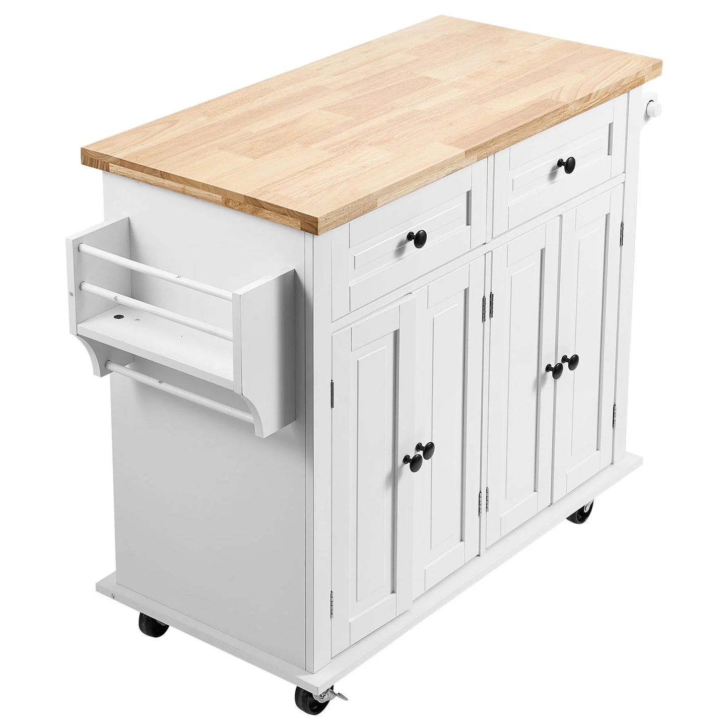BENTISM 35.4" Kitchen Island on Wheels Cart Rubber Solid Wood Countertop Rolling Storage Cabinet with 2 Drawers & Spice Rack & Towel Holder, White