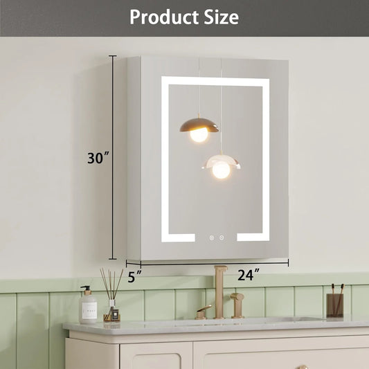 DEYGIA Medicine Cabinet with LED Mirror for Bathroom, 24''x30'' Aluminum, Wall Mounted Led Medicine Cabinet, Defog, Stepless Dimming, 3 Colors, 2 Outlets, 2USB (24'' x 30°?Single Door)