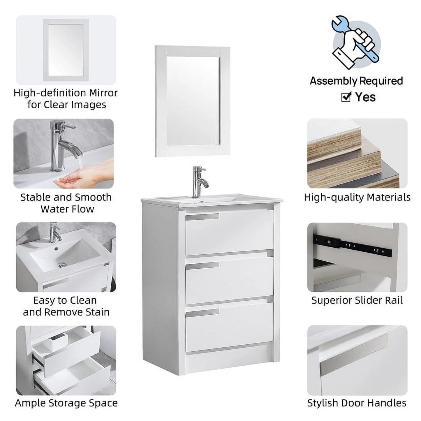 Walsport 24" Luxurious Bathroom Vanity with Ceramic Sink and Countertop and Mirror and Faucet,Double Door Stand Floor Cabinet Bathroom Storage Vanity with Pop Up Drain,White