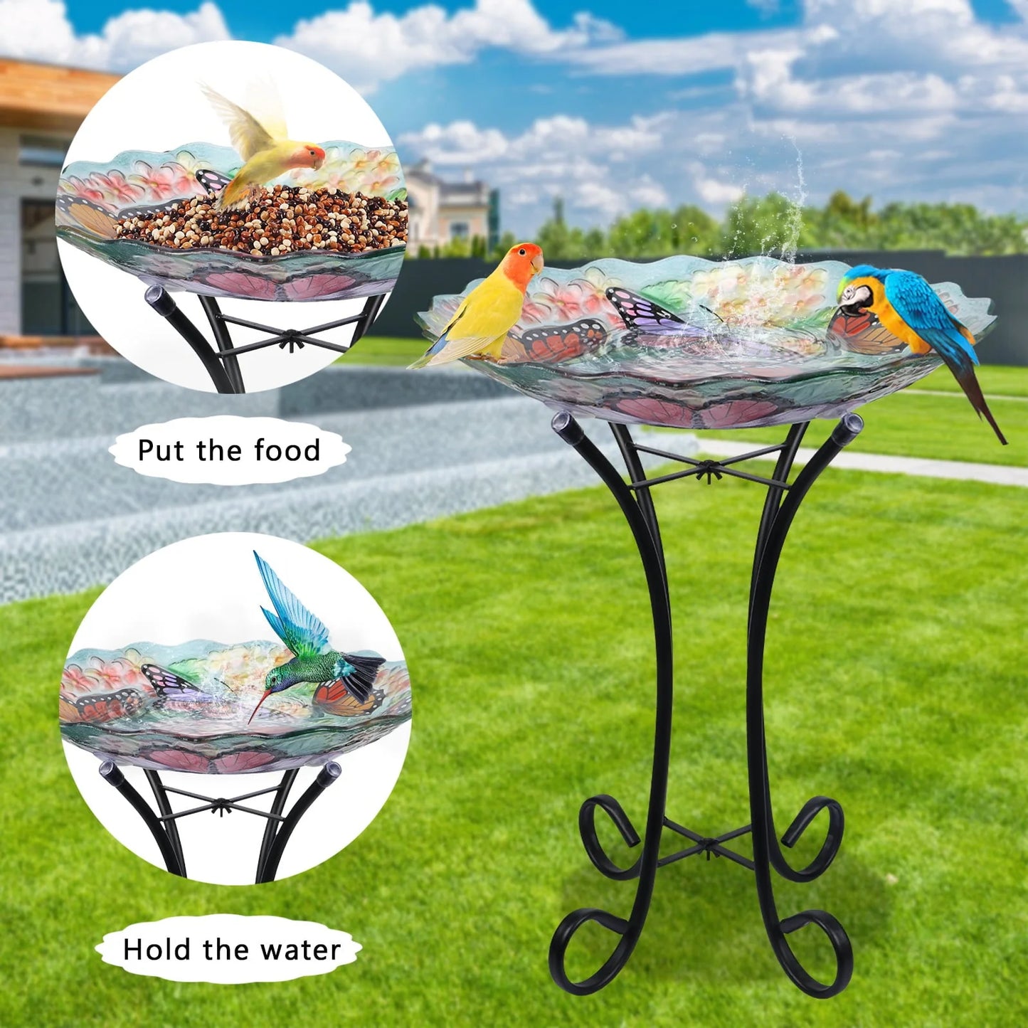 Glass Birdbath with Metal Stand Outdoor for Lawn Yard Garden Butterfly Decor, 18°?Dia 21.65°?Height