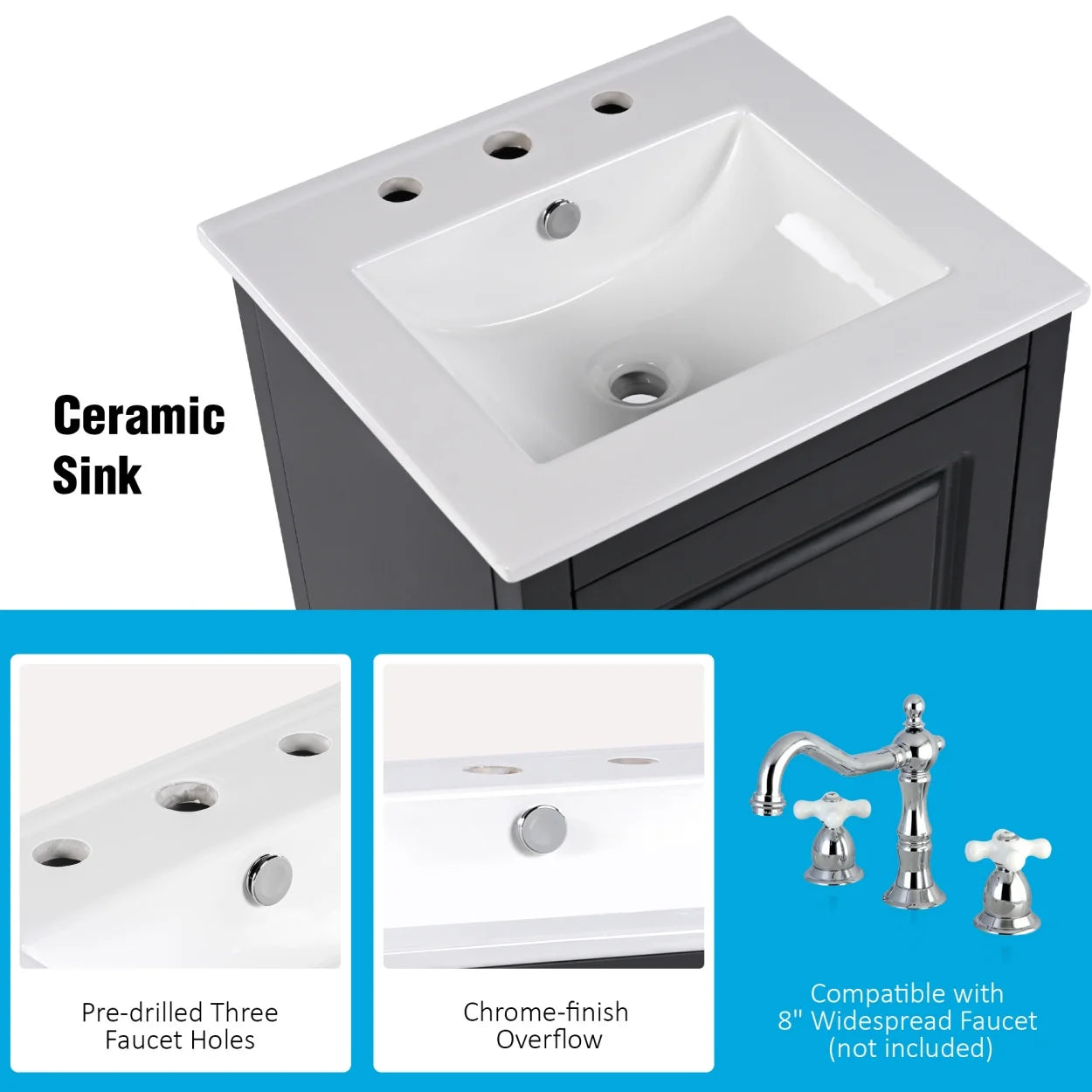 20.3 Inch Bathroom Vanity with Ceramic Sink, Solid Wood Small Single Vanity with Drawer and Soft Close Doors, White Modern Bathroom Cabinet with Storage