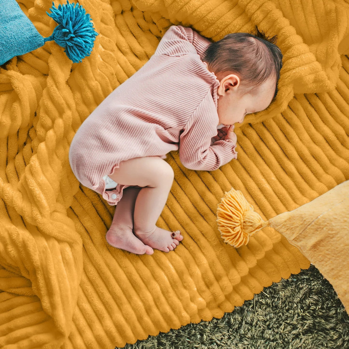 DISSA Flannel Fleece Blanket Soft Large Throw Blanket with Pompom Fringe Lightweight Cozy Plush Blanket Fit Sofa Bed(Mustard Yellow,51x63")