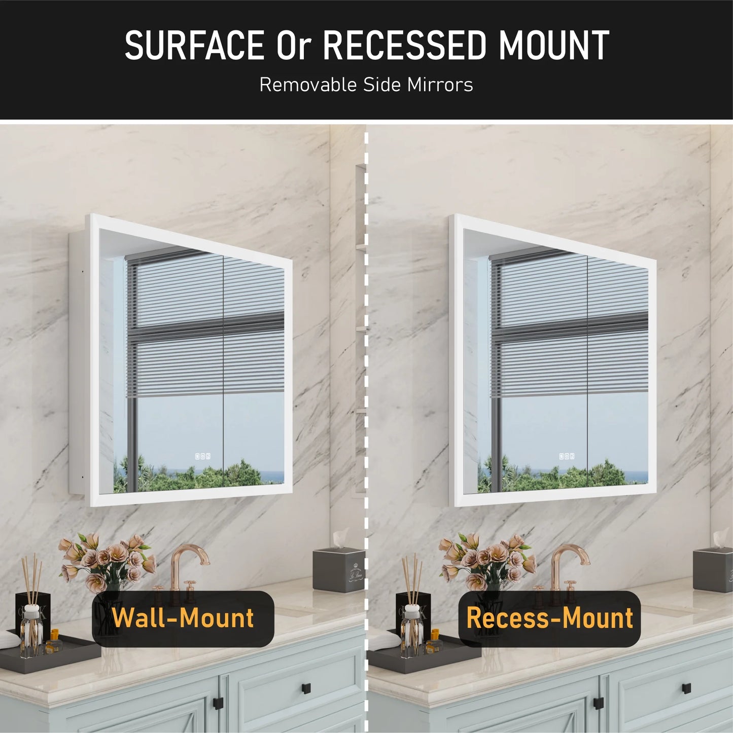 ANGELES HOME 36" x 32" LED Lighted Bathroom Medicine Cabinet with Mirror, 3X Magnification Makeup Mirror, Vanity Mirror Cabinet w/Defogger, Dimmable, Memory Function, Outlets & USB