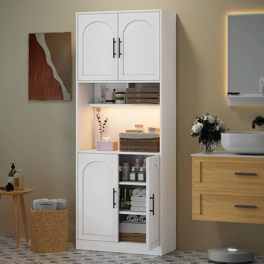 71° Tall Kitchen Pantry Storage Cabinet with Microwave Shelf and LED Light, Storage Cabinet with Door and Shelve, Hutch Cabinet with Storage for Dining Room, Living Room, Bathroom, White