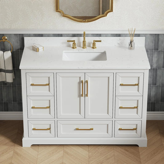 Deluxe Living 48" Bathroom Vanity with Marble Top, Fully-Assembled vanity with Ceramic Sink,Solid Wood Frame,Greige White