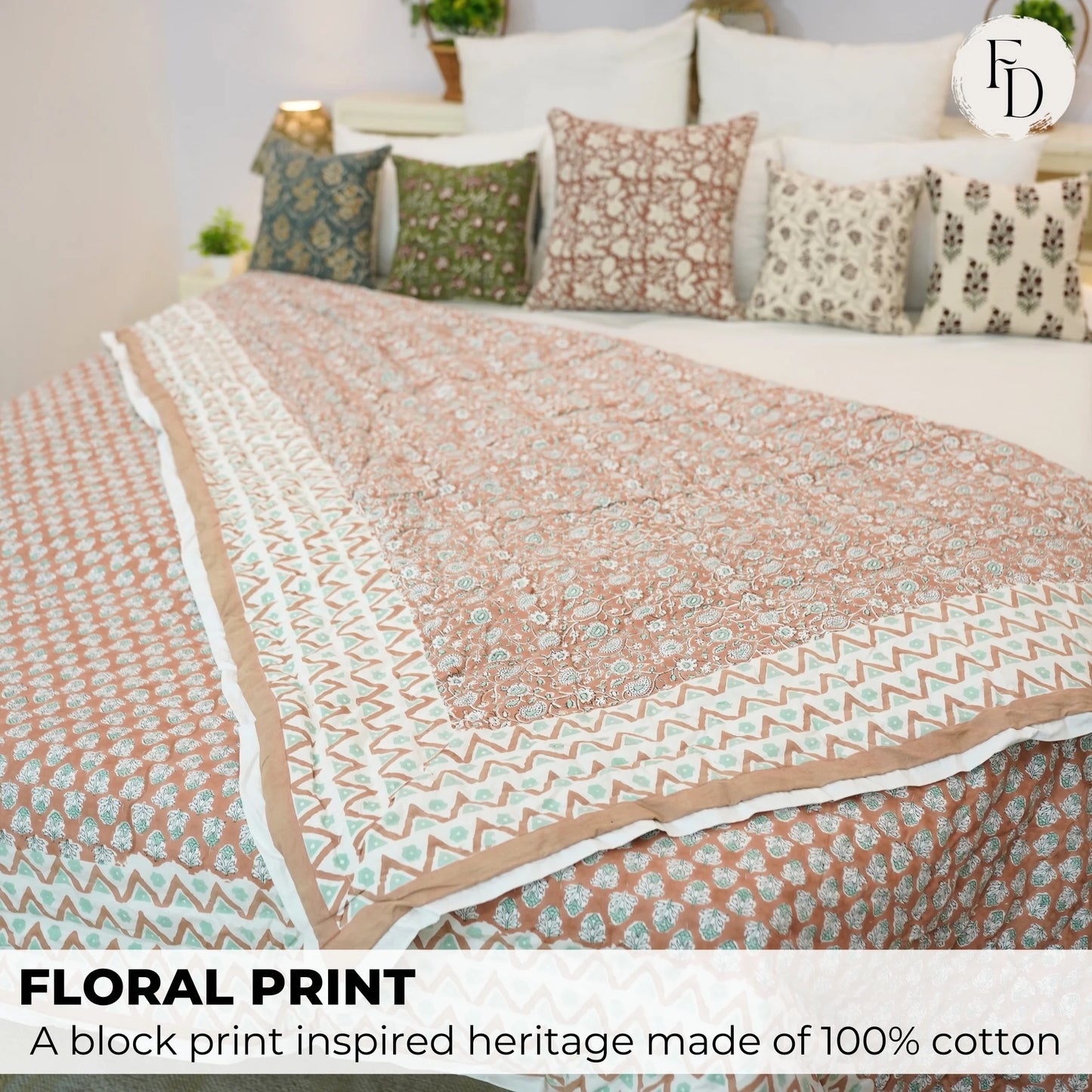 Handmade quilt, block printed floral quilt, boho decorative winter quilt, Indian bedding quilt, throw and blanket for room