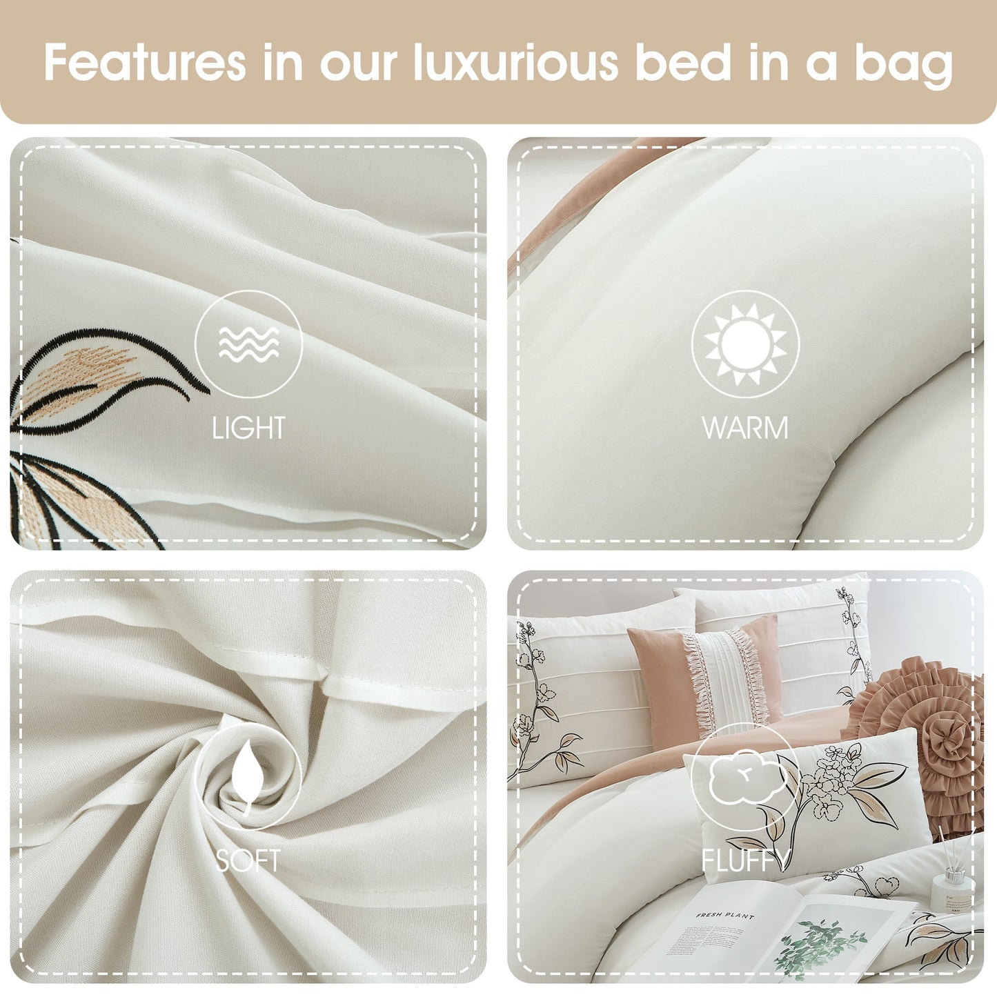 Lanco Blush Floral Queen Comforter Set, 7 Piece, Microfiber Pleating & Embroidery Bedding Sets & Collections