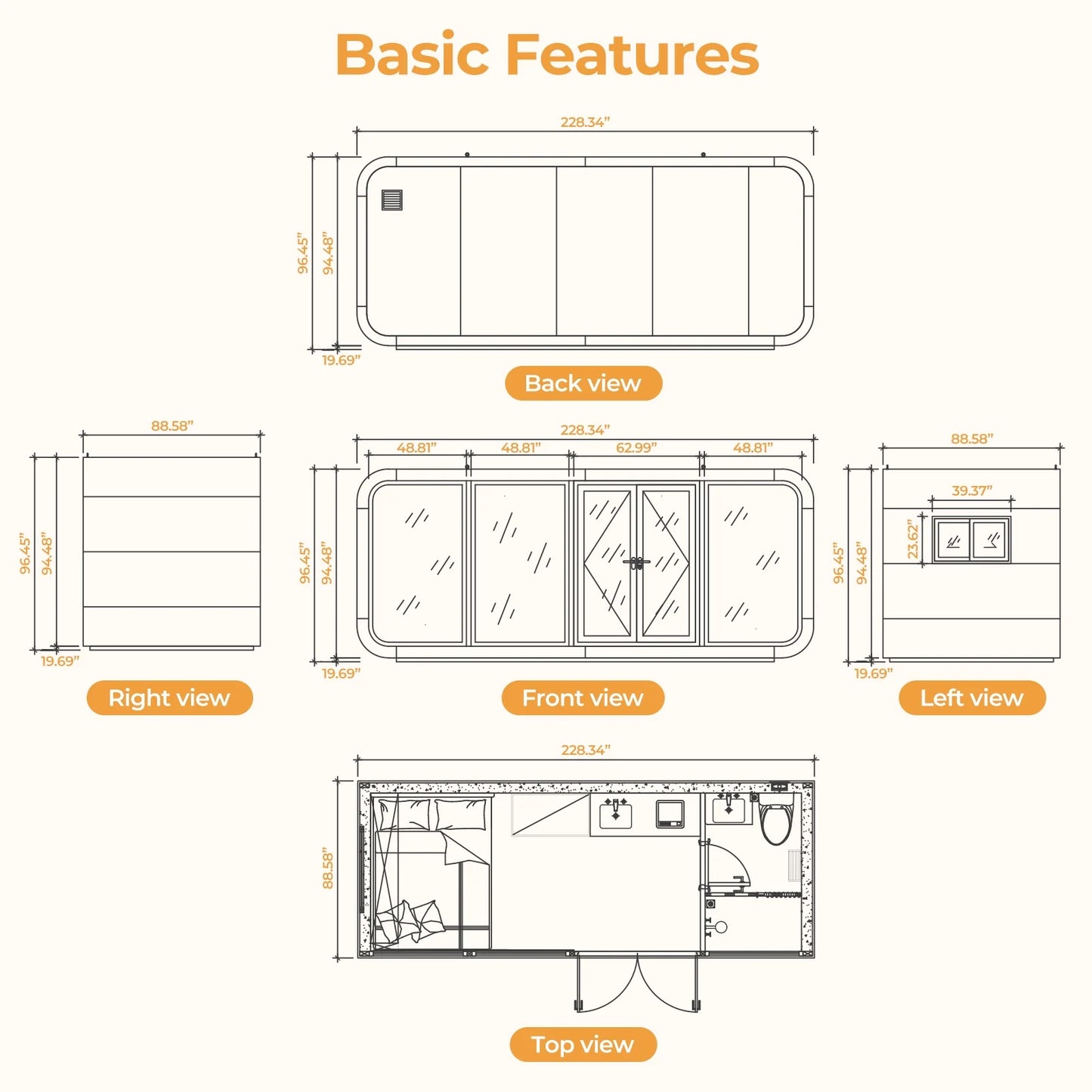 Luxury Modern prefab Cabin - 19ft Mobile Capsule with Bedroom, Kitchen and Bathroom, Storm Resistant prefab Cabin -16 Typhoon and 12 Earthquake Proof Mobile Cabin for Travel and Outdoor Living