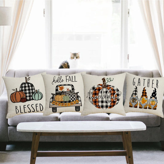 Thanksgiving Throw Pillow Covers for Thanksgiving Decor Farmhouse Buffalo Check Plaid Pumpkin Outdoor Pillows for Thanksgiving day Home Decor 18x18 in, Set of 4