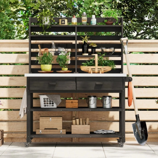 Euroco 64.9"H Outdoor Potting Bench Table with Lockable Wheels, Solid Wood Outdoor Kitchen Island with Upper Hutch, Stainless Steel Top, Towel Rack ,Outdoor Storage for Grilling, Lawn Garden -Black