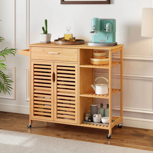 Costway 35.5" Kitchen Island Cartwith Lockable Wheels Drawer Open Shelves Towel Bar