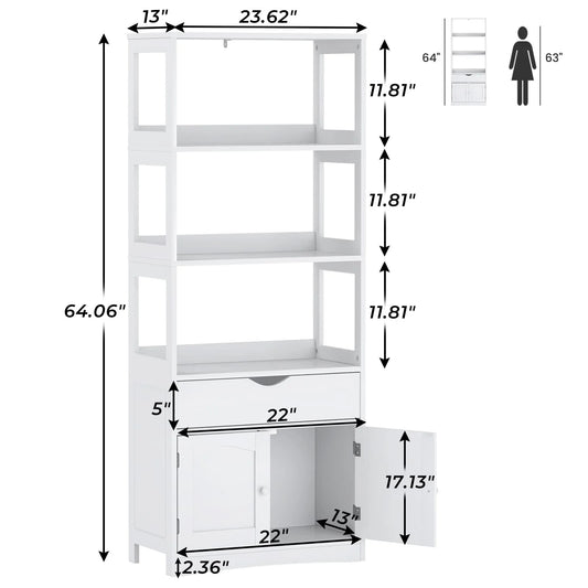 Kitchen Sideboard Pantry Cabinet Tall Freestanding Storage Cabinets with Shelves and Drawer for Bathroom Home Office, White