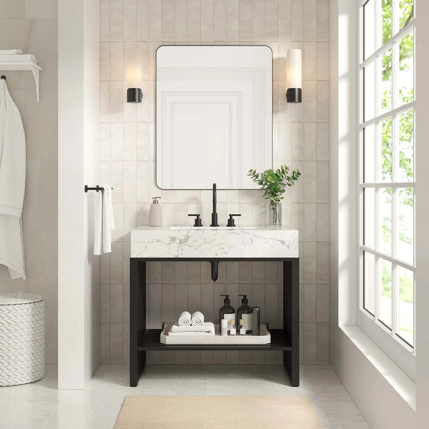 Modway Gridiron 36" Bathroom Vanity in White Black