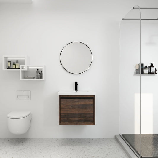 Bathroom Vanity with Sink, Bathroom Vanity with Float Mounting Design, 24 Inch Bathroom Sink Cabinet with Soft Close Doors for Bathroom, California Walnut