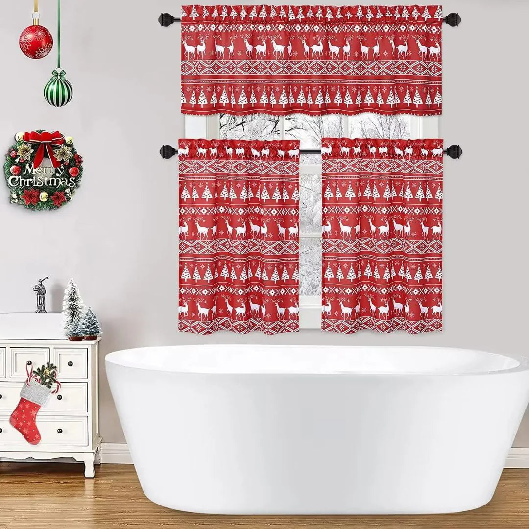 GlowSol 26"W x 24"L Boho Xmas Cafe Curtains Tree Deer Pattern Bathroom Curtain Blackout Half Window Kitchen Cafe Curtains, Red, Set of 2
