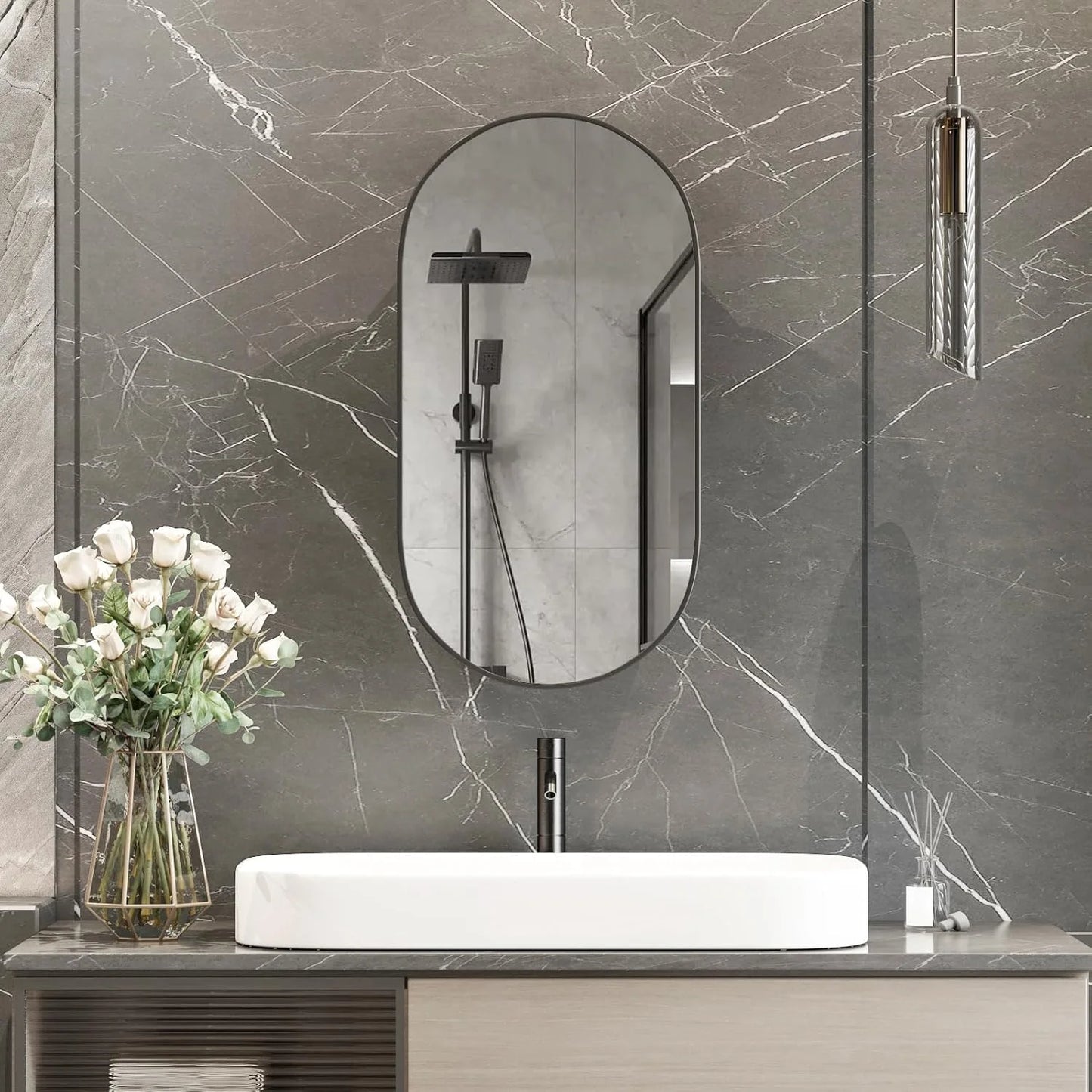 Oval Medicine Cabinet Mirror for Bathroom,Recessed Black Medicine Cabinet with Mirror, Brushed Black Mirror Cabinet with 3 Storage,Metal Edge,Wall Mounted,16x31Inch