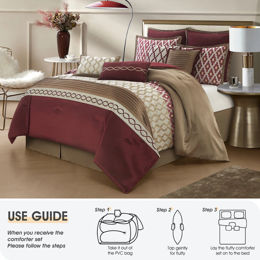 LANCO MODERN LIFESTYLE King Size Comforter Set, Burgundy, 10 Piece Bed in a Bag for All Seasons, Luxury Extreme Comfort Bedding Sets with Bedskirt, Pillow Shams, Euro Shams and Decor Pillows