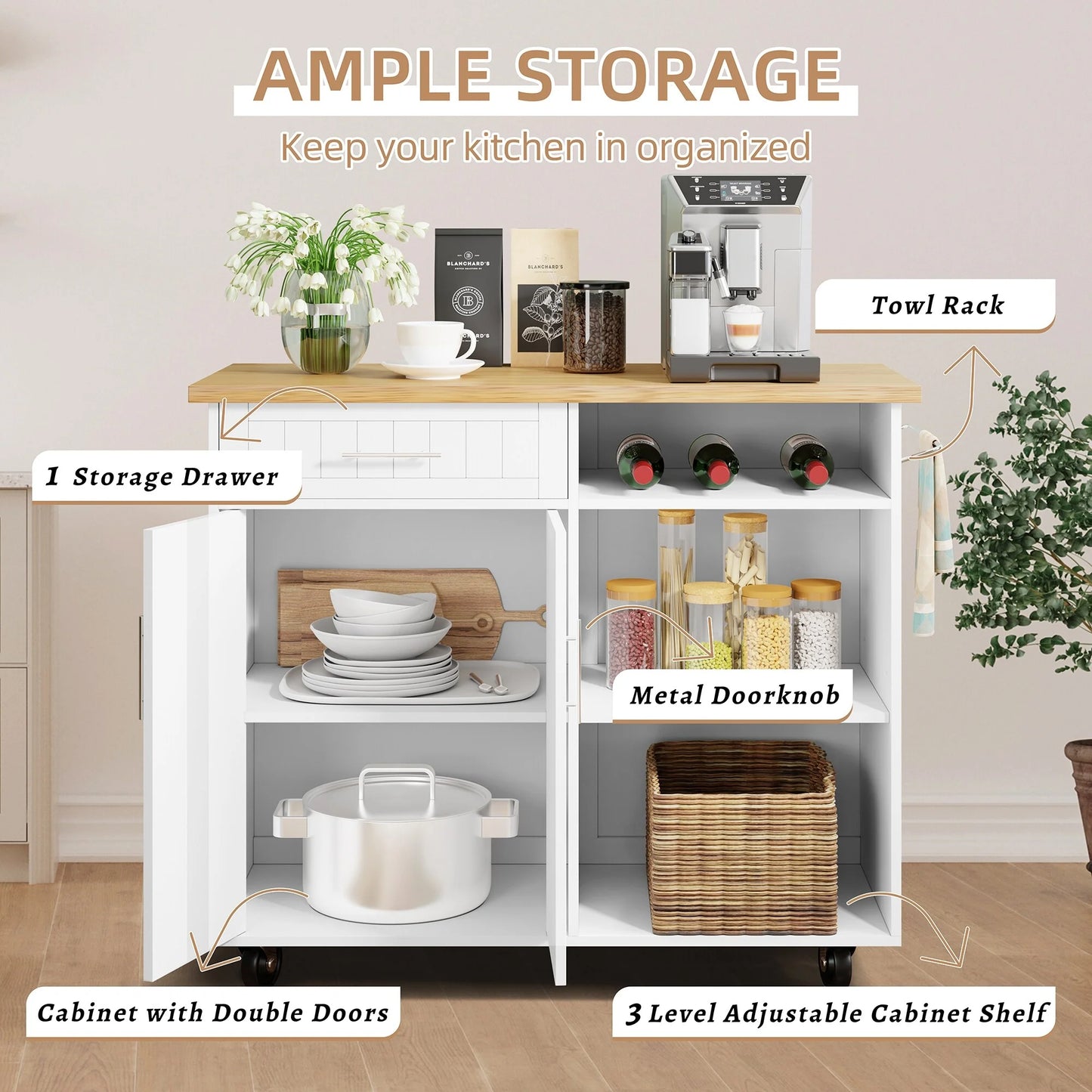 Futzca Kitchen Island Cart on Wheels with Large Worktop,Storage Cabinet,Towel Rack and Drawers - N/A Black