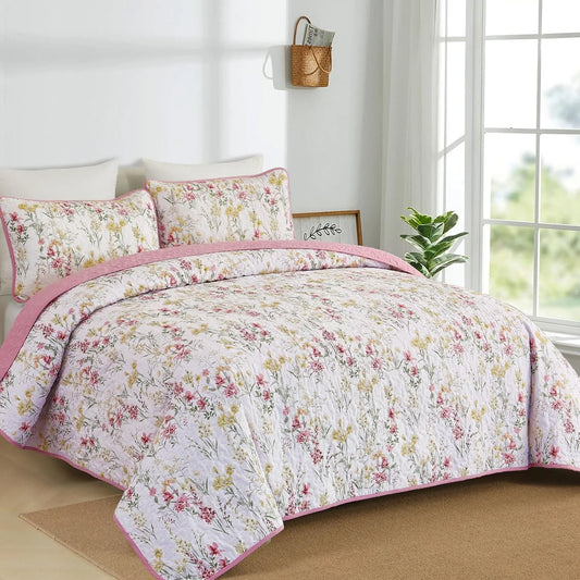 King Size Quilt Set, Pink Floral Pattern Quilt Bedding Set King, 3 Pieces Botanical Quilt Soft Microfiber Bed Coverlet for All Season(104" x 90")