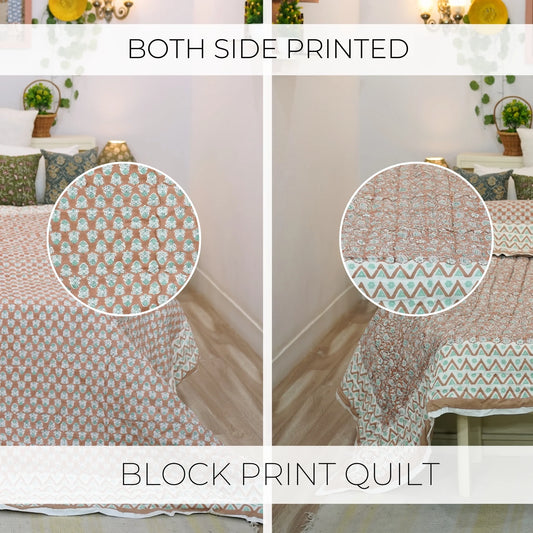 Handmade quilt, block printed floral quilt, boho decorative winter quilt, Indian bedding quilt, throw and blanket for room