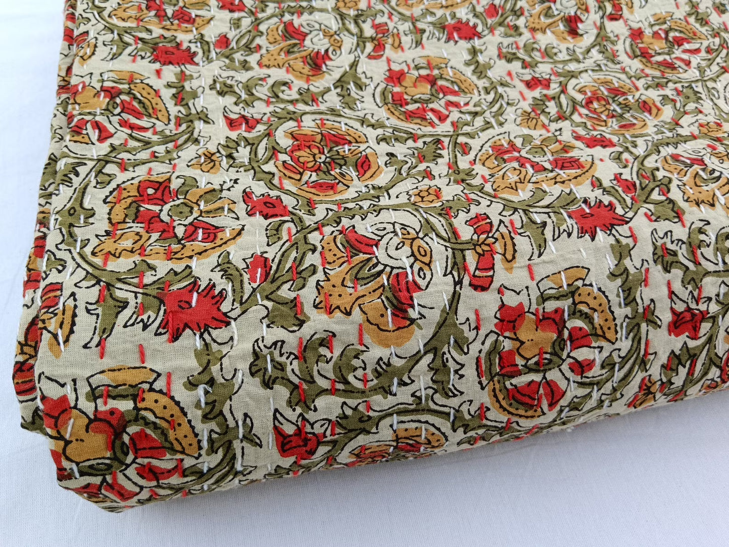 Floral Kantha Quilt Handblock Print floral Kantha Indian Netural Colour Indian inspired Bedding Hand Stitched quilts for sale handmade