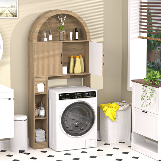 HARIPUL Over The Toilet Storage Cabinet w/Unique Wood Grain & Arc Design, Freestanding Bathroom Shelf Organizer Space Saver w/Doors & Anti-Tip Device, Wood Color