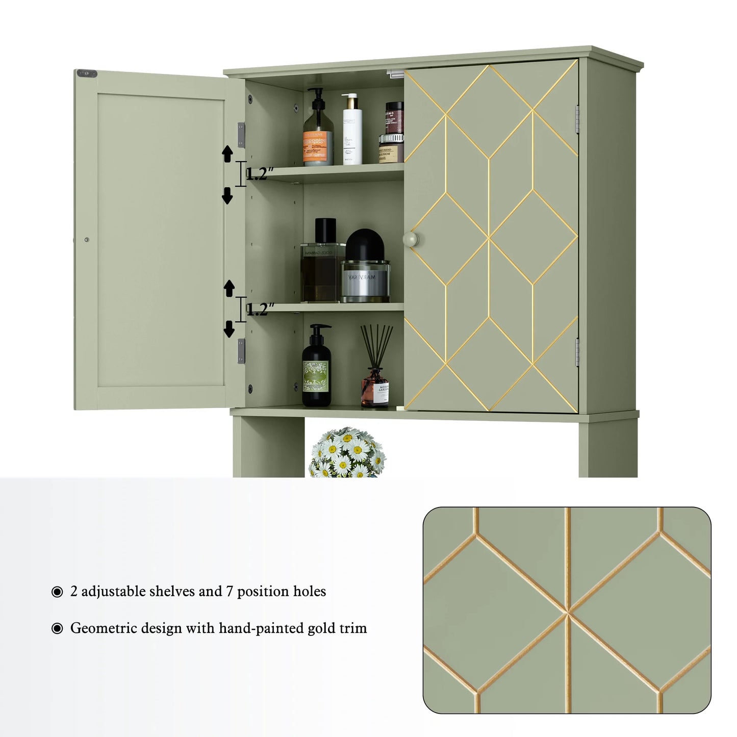 HLR Over The Toilet Storage Cabinet, Bathroom Above Toilet Storage Cabinet with Doors and Adjustable Shelves, Black