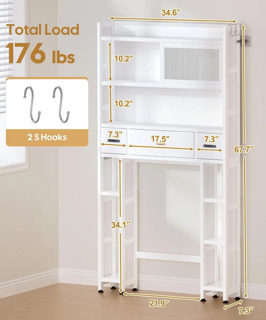 Over The Toilet Storage Cabinet with Acrylic Sliding Door Panel, Bamboo Organizer Shelf with 2 Paper Drawers and 1 Big Drawer,Space Saver Rack for Bathroom (White)