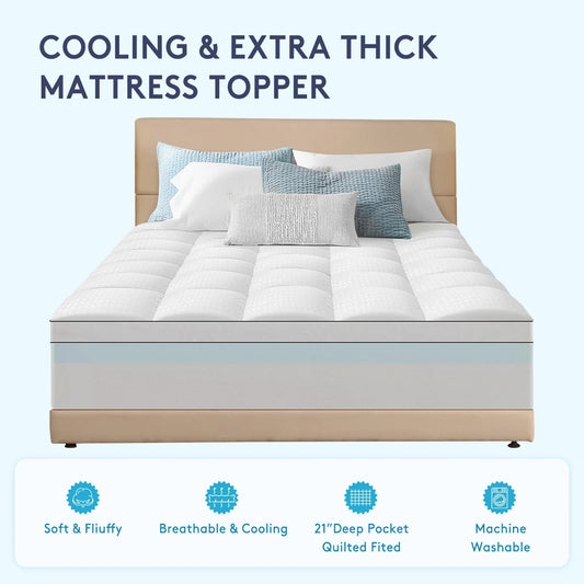 Queen Size Dual Layer 4 Inch Memory Foam Mattress Topper, 2 Inch Gel Memory Foam and 2 Inch Cooling Pillow Top Mattress Pad Cover for Back Pain, Medium Support