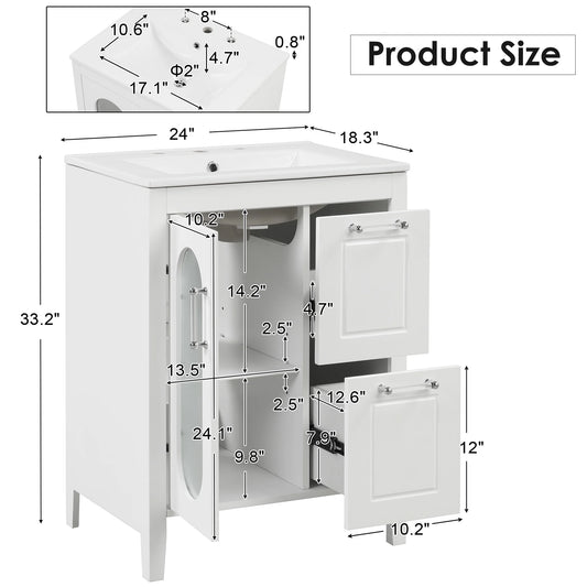 Soges 24" Bathroom Vanity with Ceramic Sink, Solid Wood Bathroom Makeup Cabinet with Door, Adjustable Shelf and 2 Drawer, Free Standing Single Basin Vanity Set for Small Bathroom, White