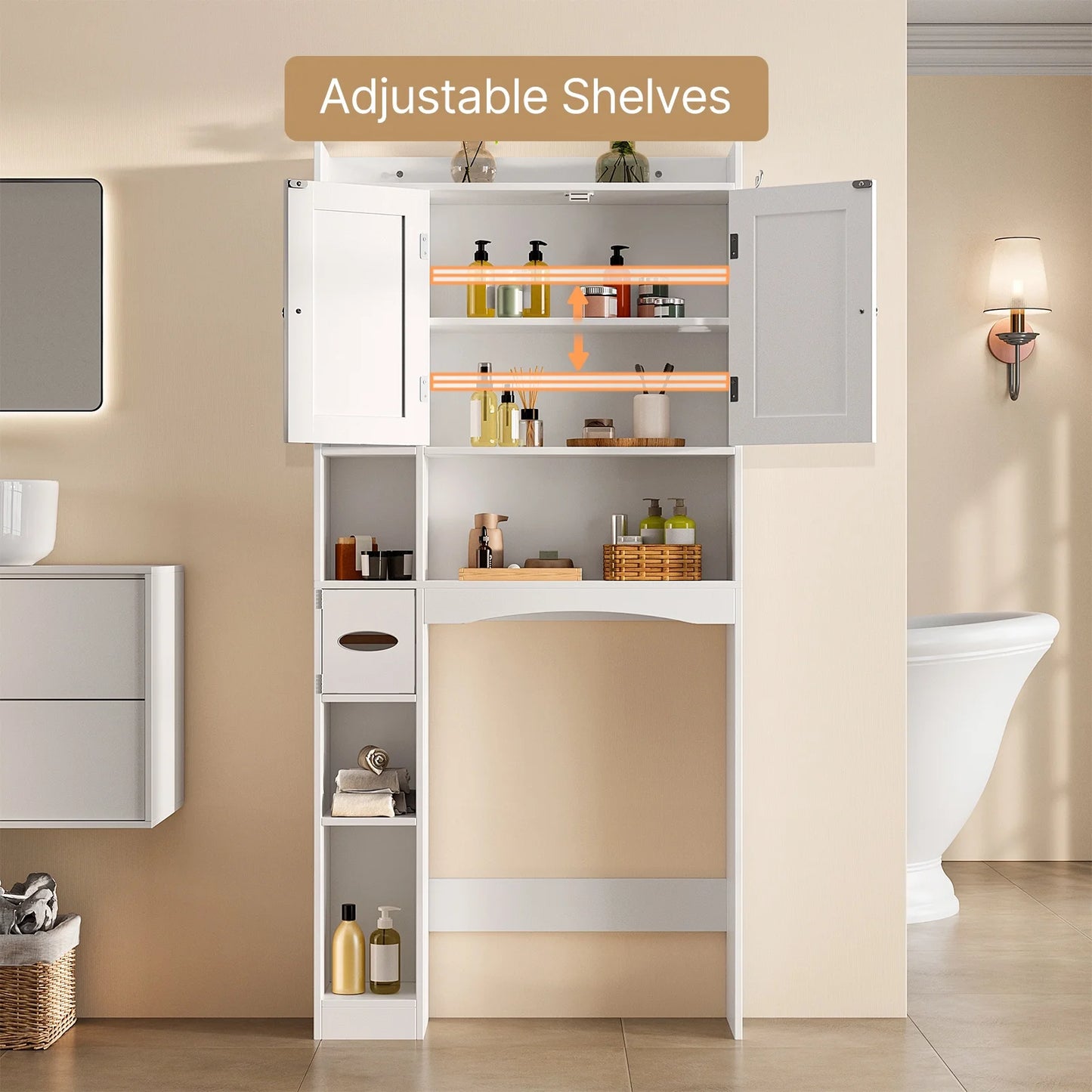Over the Toilet Storage Cabinet , Bathroom Cabinet with 6 Open Shelves & Waterproof Tissue Holder - Upgraded White