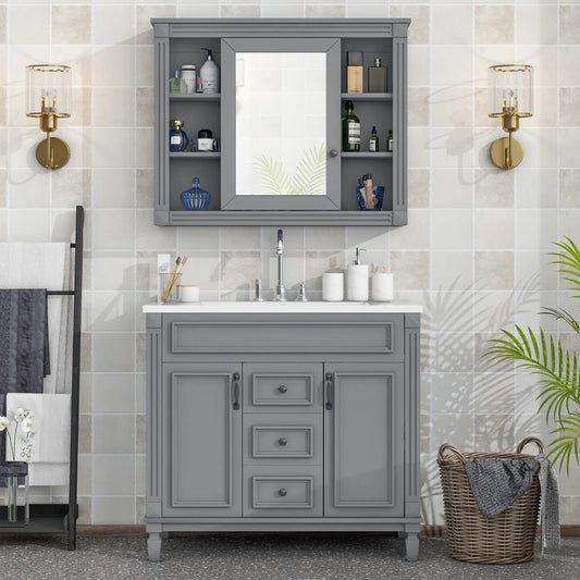 Modern Bathroom Furniture Set, 36" Bathroom Vanity with Top Sink, 35" Wall Mounted Bathroom Storage Cabinet, Mirror Cabinet with 6 Shelves, Storage Cabinet with 2 Doors and 2 Drawers, Grey