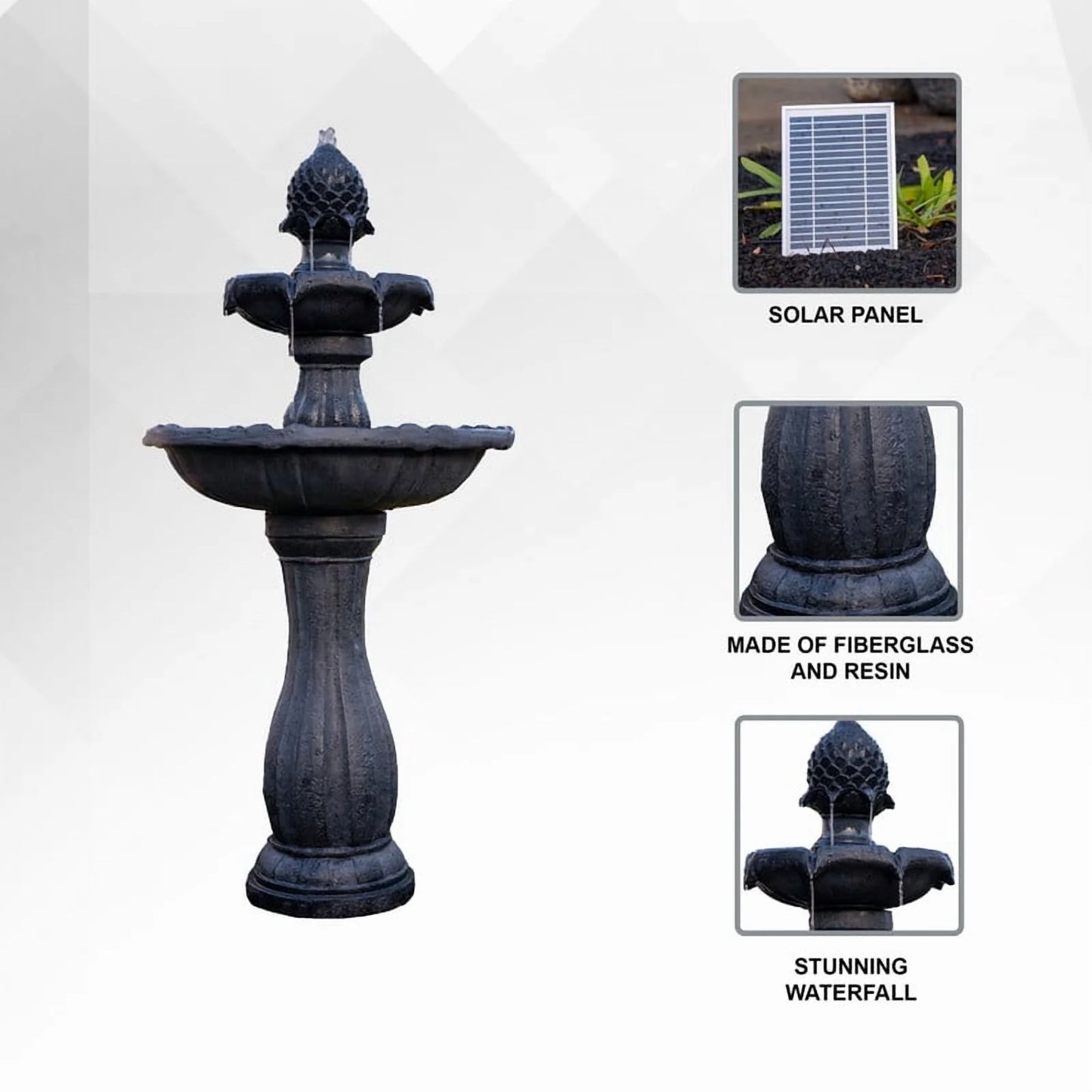 XBrand 44" H Black Fiberglass/Resin 2-Tier Solar Water Fountain w/Solar Panel and Auto-Shut Off Pump, Solar Garden Fountain, Tall Outdoor Fountain, Two Tiered Birdbath Fountain