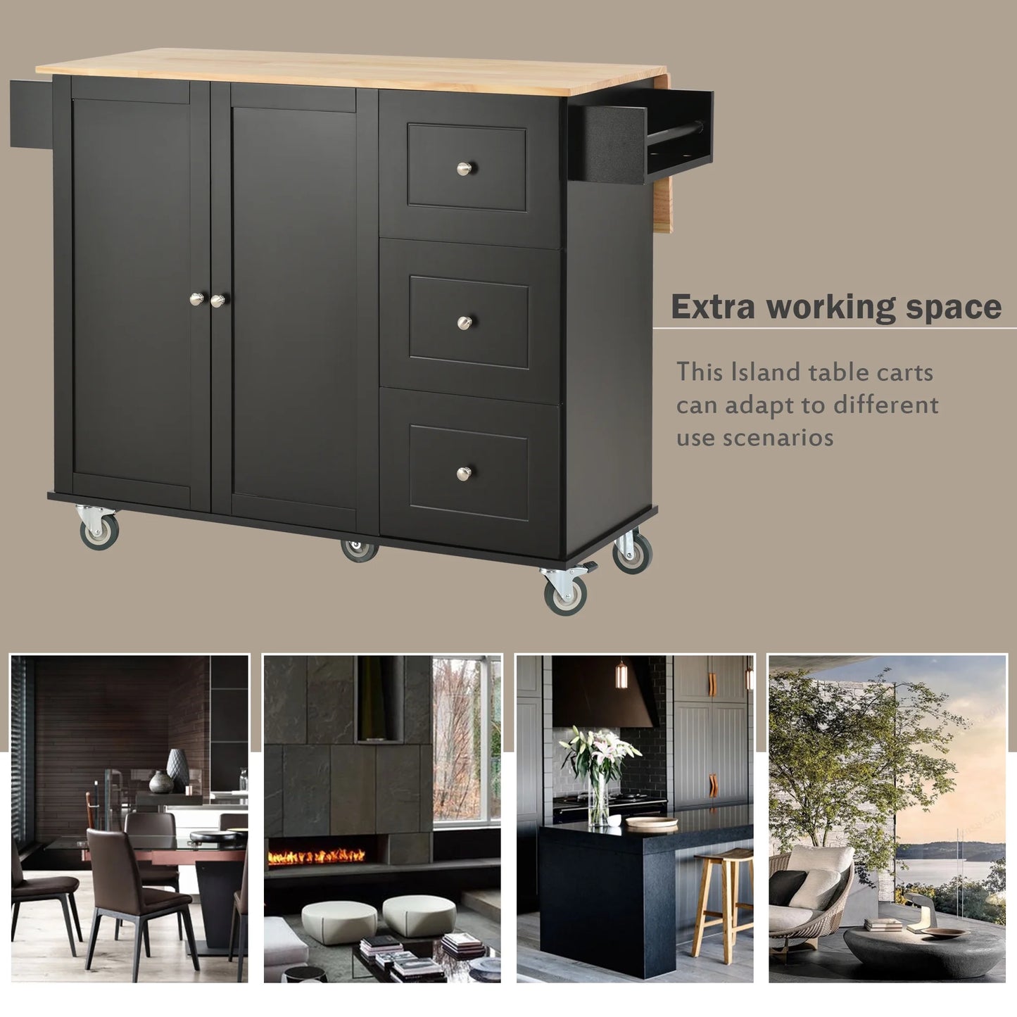 52.7" Width Rolling Mobile Kitchen Island with Solid Wood Top and Locking Wheels, Moveable Kitchen Island Cart with Storage Cabinet, Drop Leaf Breakfast Bar, Spice Rack, Towel Rack, Drawer