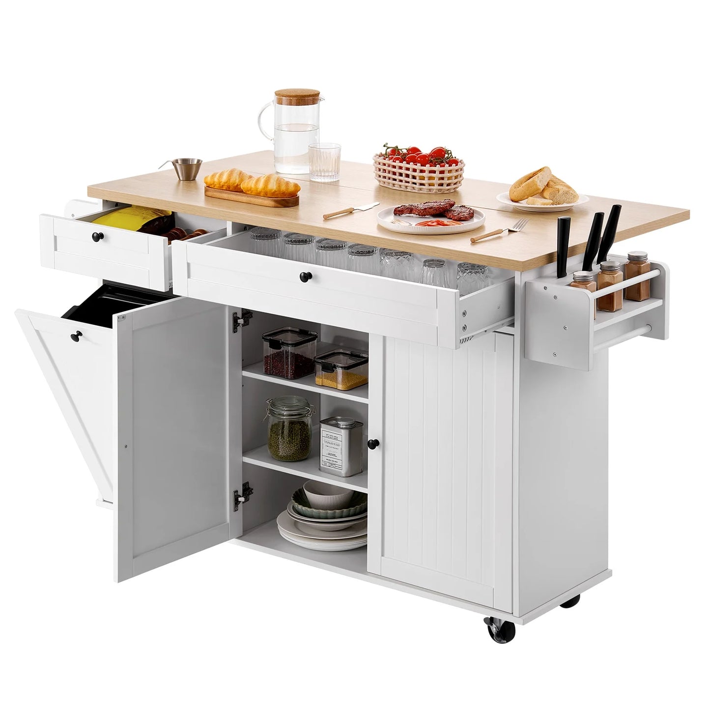 KFFKFF 60in Wide Mobile Kitchen Island Cart with Storage, Drop Leaf, 2 Drawers, Trash Bin Cabinet, Knife Slot, Spice Organizer, and Towel Bar, Ideal for Dining Room or Pantry