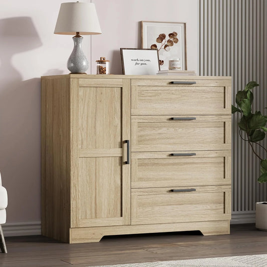 43.3" H Armoire Wardrobe Closet with 4 Drawers & Hanging Rod, Multifunctional Wood Storage Cabinet for Bedroom, Natural Oak