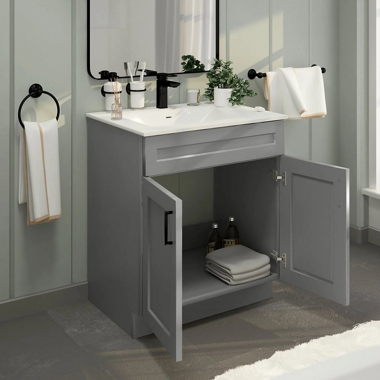 Light Grey Shaker Sink Base Bathroom Vanity Ready-to-Assemble Cabinet 30" Width
