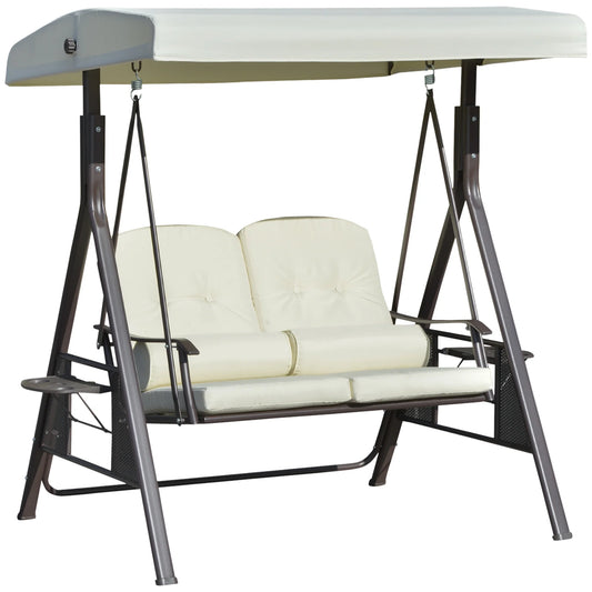 Outsunny 2-Person Patio Swing Bench with Adjustable Shade Canopy, Soft Cushions, Throw Pillows and Tray, Beige.