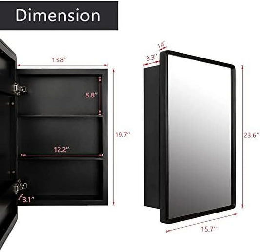Farmhouse Medicine Cabinet Mirror with Wood Frame - Recessed & Wall Mount Bathroom Storage, 3 Shelves, 16x24 Inch (Black)
