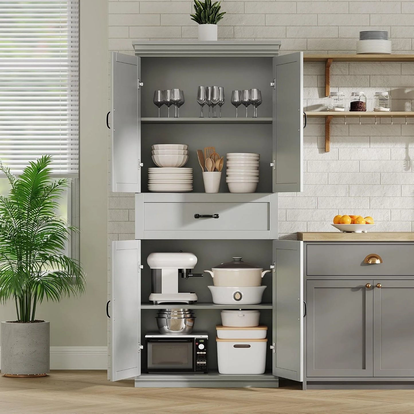 Ataucjin 70" Tall Kitchen Pantry Cabinet, Freestanding Cupboard Kitchen Pantry Storage Cabinet, Freestanding Cupboard with Doors and Adjustable Shelves, for Bathroom, Dining Room, Living Room