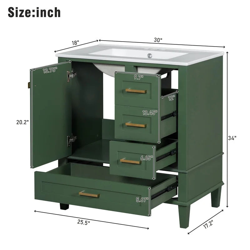 Duxelifin 30" Bathroom Vanity with Sink, Modern bathroom sink cabinet with Soft-Close storage Drawers, Freestanding Vanity with Ceramic Top (Green)