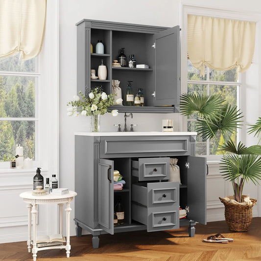 Modern Bathroom Cabinet Set with Top Sink, Bathroom Vanity with Wall Mounted Bathroom Storage Cabinet, 2 Soft Closing Doors, 2 Drawers, Water-Resistant Paint, Grey