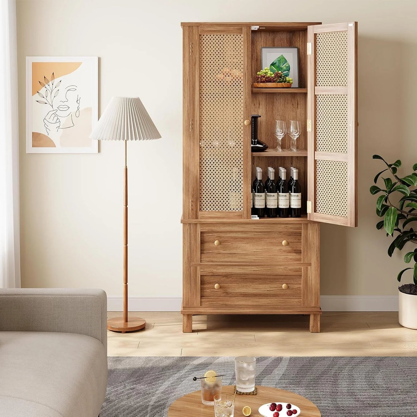 Kitchen Pantry Storage Cabinet with 2 Rattan Doors and 2 Adjustable Shelves, 64" Tall Farmhouse Food Pantries Cabinet for Living Room, Dining Room, Bathroom